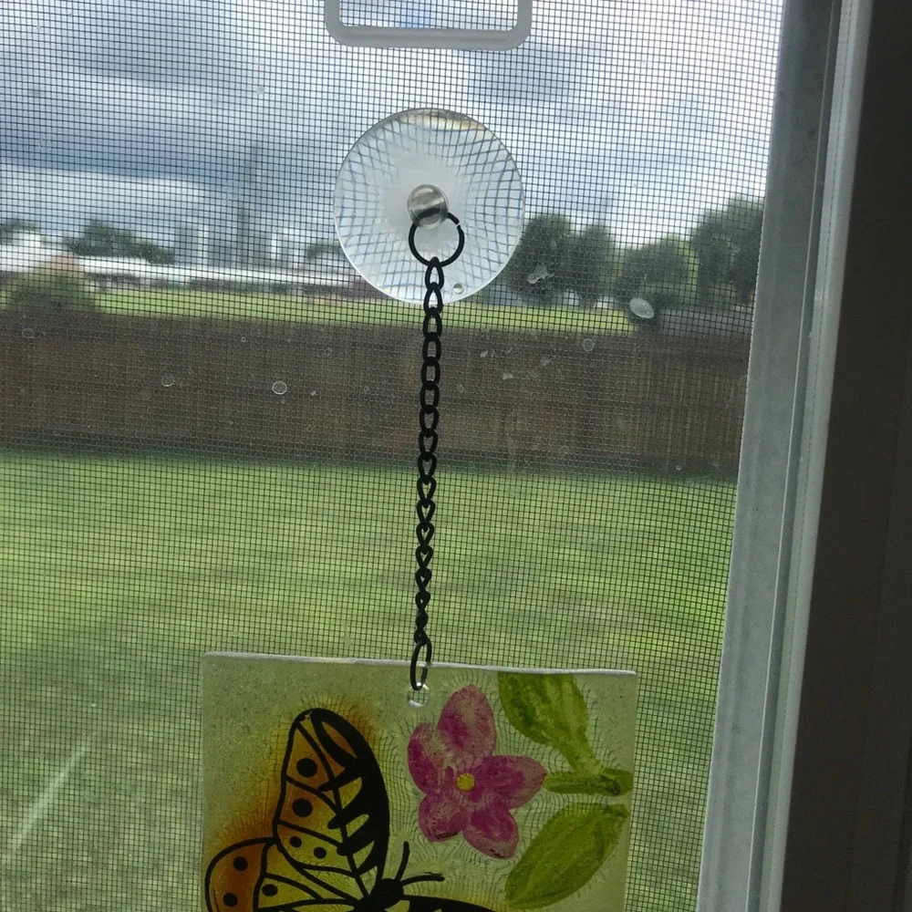Window Hanging Glass Square Tile Butterfly And Flowers Painted Art Sun Catcher